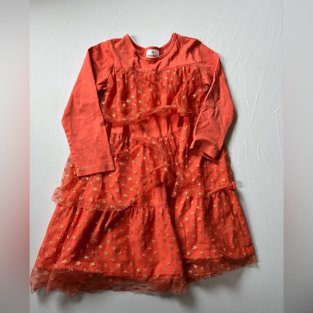 Hanna‎ Andersson peach tiered tulle gold star print girls dress